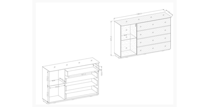 Buffet, bahut, enfilade TONGA 4 tiroirs, une porte. Look ultra design. Finition brillante. LEDS incluses