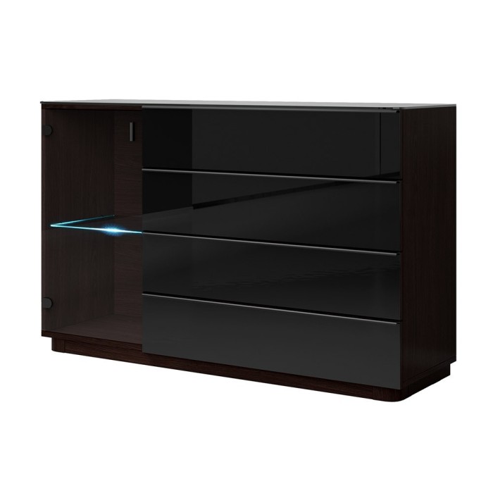 Buffet, bahut, enfilade TONGA 4 tiroirs, une porte. Look ultra design. Couleur Wengé. LEDS incluses