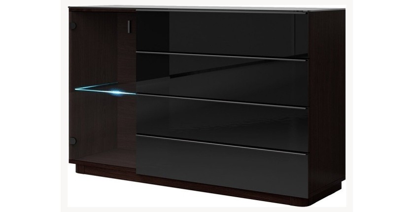 Buffet, bahut, enfilade TONGA 4 tiroirs, une porte. Look ultra design. Couleur Wengé. LEDS incluses