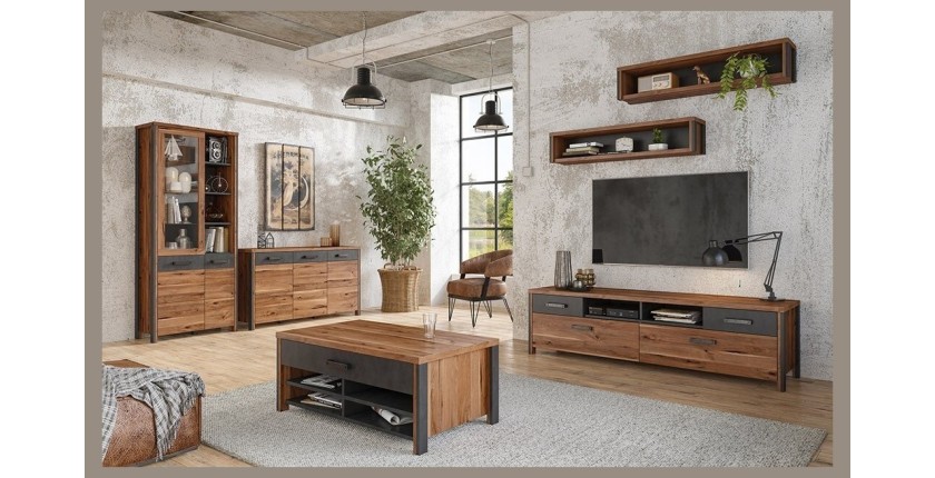 Buffet 200cm collection WINDSOR . Coloris chêne foncé et gris anthracite.