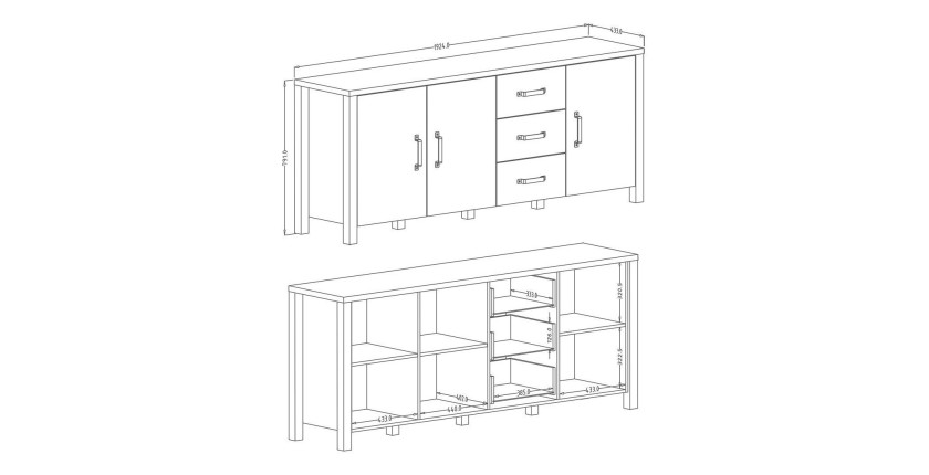 Buffet XL 190cm collection DARWIN. Couleur épicéa et noir. 3 portes et 3 tiroirs