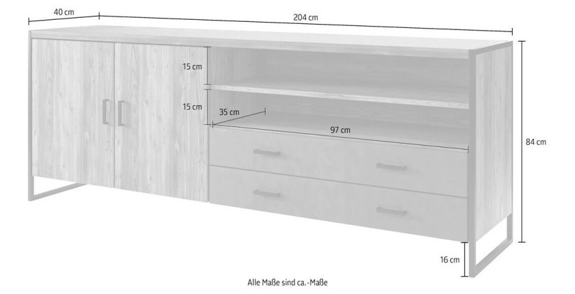 Buffet 200cm style industriel collection ZOLA. Coloris épicéa et gris. 2 portes et 2 tiroirs.