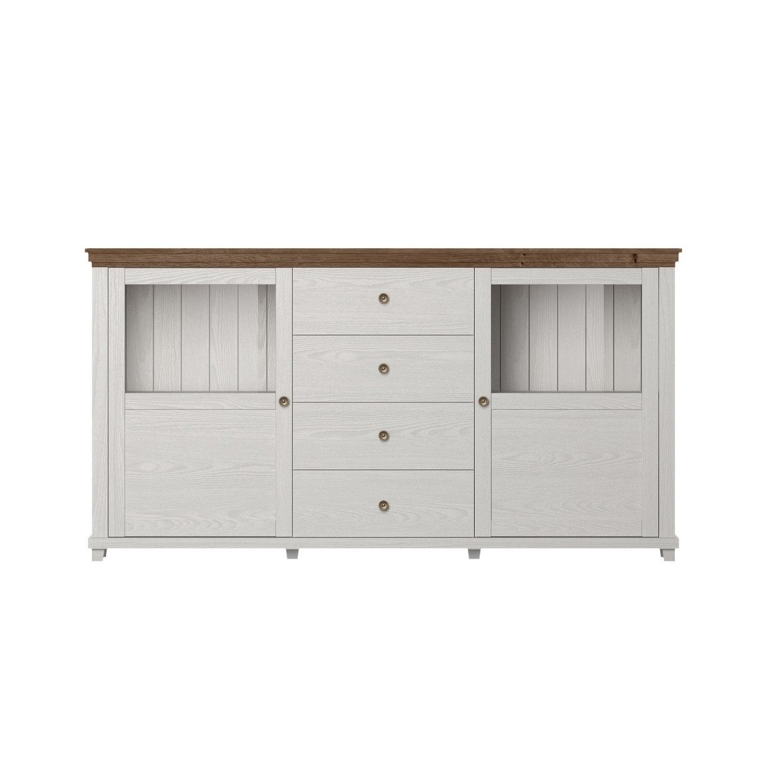 Buffet 180cm avec LED intégrées collection ASSIA. Coloris frêne blanc et chêne. 2 portes et 4 tiroirs.