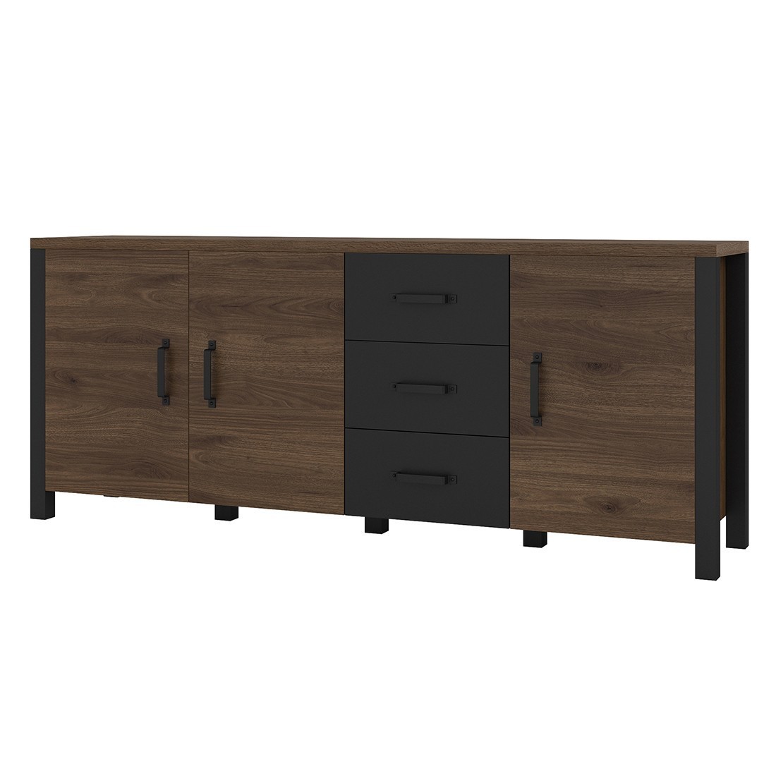 Buffet XL 190cm collection DARWIN. Couleur chêne foncé et noir. 3 portes et 3 tiroirs