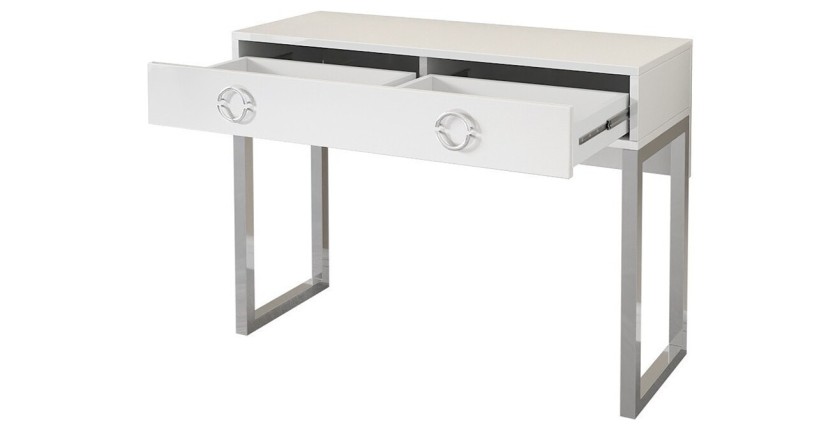 Bureau console avec 2 tiroirs collection MELTON coloris blanc, pieds en fer chromés.