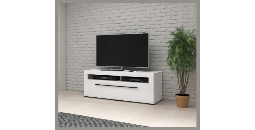 Meuble TV 140cm collection BREDA. Coloris blanc mat et blanc brillant. Style design.