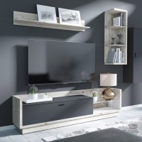 Meuble TV XL 220cm avec LED intégrée. Collection CORK. Coloris Pin et gris anthracite.