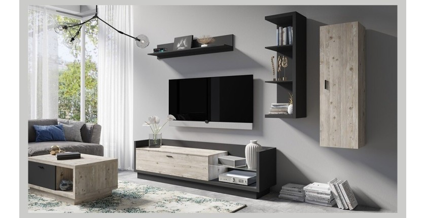 Meuble TV XL 220cm avec LED intégrée. Collection CORK. Coloris gris anthracite et pin.