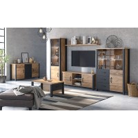 Meuble TV 150cm collection DARWIN. Couleur épicéa et noir. 2 portes et 2 niches