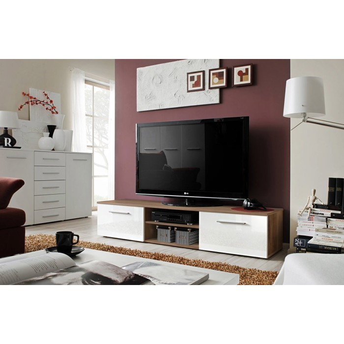 Meuble TV design collection BONOO 180 cm. Coloris chêne et blanc.