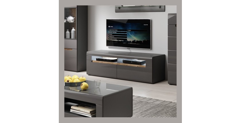 Meuble TV 160cm avec LED intégrée. Collection LUCIA. 2 tiroirs et 2 niches. Façades grises brillantes