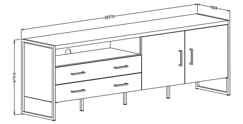 Meuble TV 200cm style industriel avec LED intégrées. Collection ZOLA. Coloris épicéa et gris