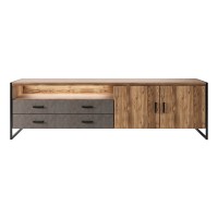 Meuble TV 200cm style industriel avec LED intégrées. Collection ZOLA. Coloris épicéa et gris