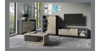 Table basse design collection CORK avec tiroir et niche. Aspect bois et gris.