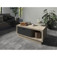 Table basse design collection CORK avec tiroir et niche. Aspect bois et gris.