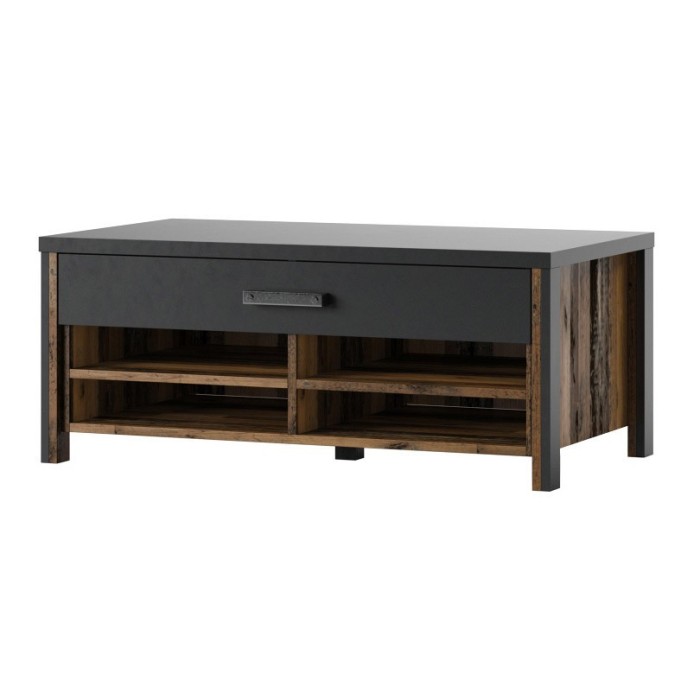 Table basse design collection WINDSOR avec tiroir et niches. Coloris gris anthracite et chêne foncé.