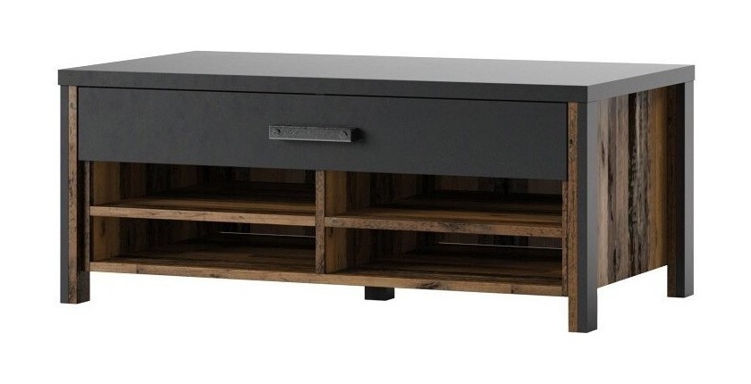 Table basse design collection WINDSOR avec tiroir et niches. Coloris gris anthracite et chêne foncé.