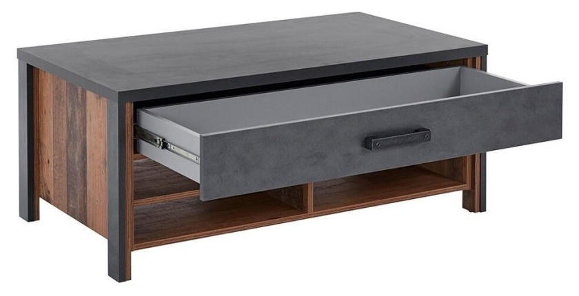 Table basse design collection WINDSOR avec tiroir et niches. Coloris gris anthracite et chêne foncé.