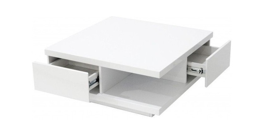Table basse carrée design avec nombreux rangements collection ANYA. Couleur blanc brillant.