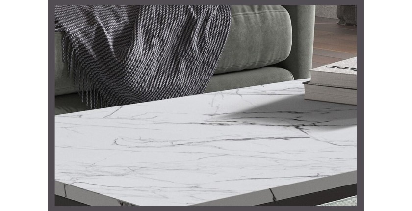 Table basse collection OREGON. Meuble style industriel effet marbre blanc.
