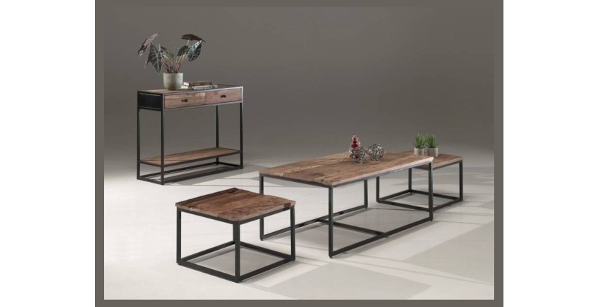 Table d'appoint style industriel HELLINGTON effet chêne foncé - Table basse - Ensemble 3 pièces