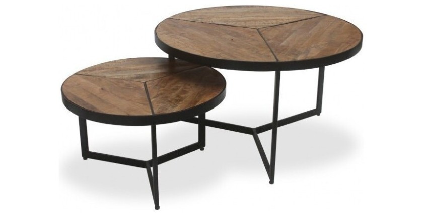 Table basse gigogne ronde en bois massif exotique collection LAVE. Meuble style industriel