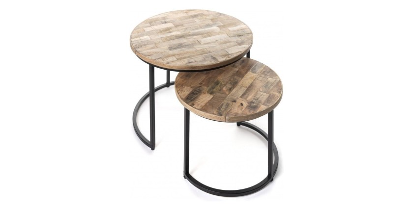 Table d'appoint gigogne ronde en bois massif collection SULIN. Meuble style industriel