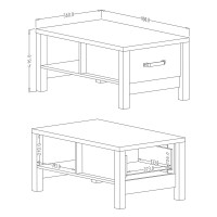 Table basse design collection DARWIN avec un tiroir et une niche. Couleur chêne clair et noir.