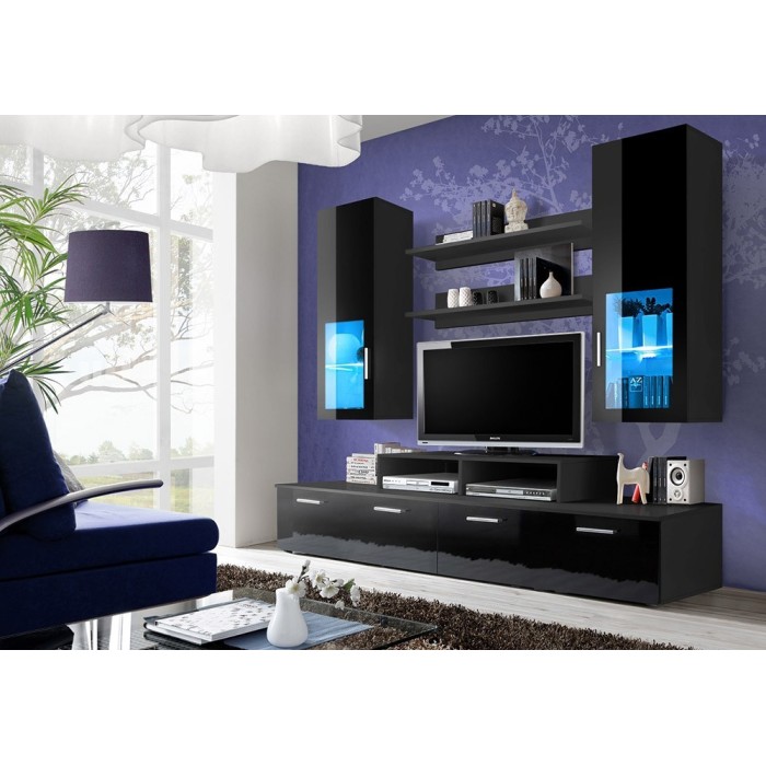 Meuble TV Mural 200cm Design. Collection MINI coloris noir.