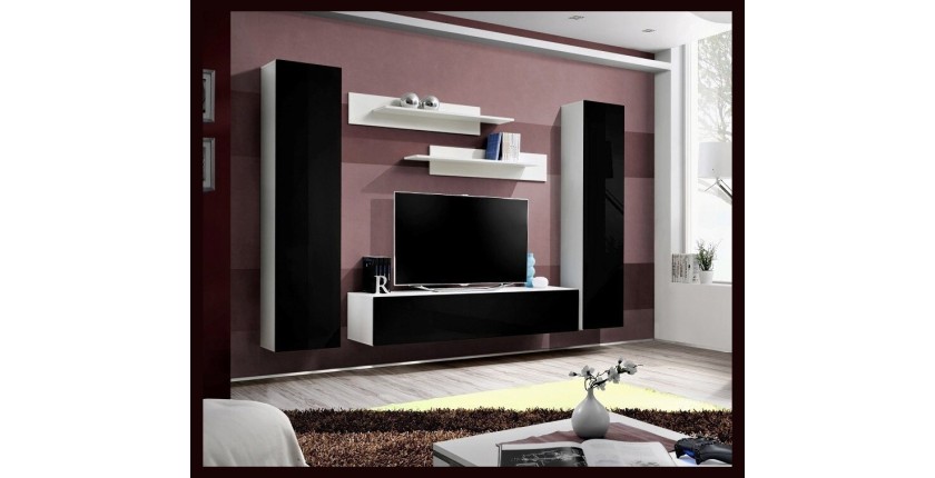 Meuble TV FLY A1 design, coloris blanc et noir brillant. Meuble suspendu moderne et tendance pour votre salon.