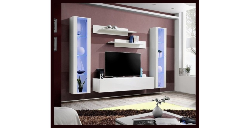 Meuble TV FLY C4 design, coloris noir et blanc brillant. Meuble suspendu moderne et tendance pour votre salon.