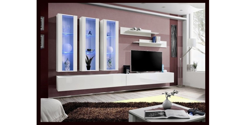 Meuble TV FLY E3 design, coloris blanc brillant. Meuble suspendu moderne et tendance pour votre salon.