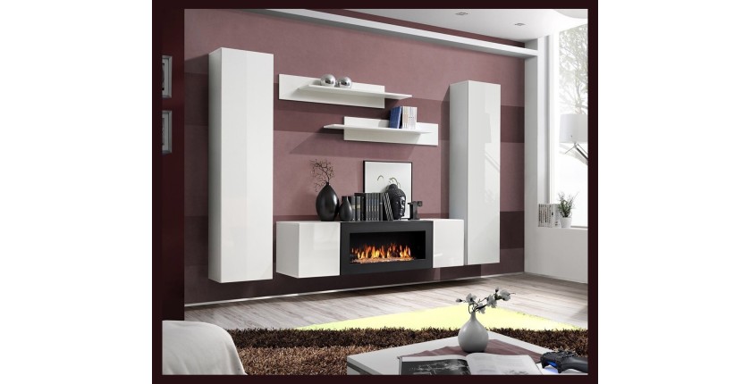 Ensemble de meubles suspendus avec cheminée décorative collection FLY M1. Coloris blanc.