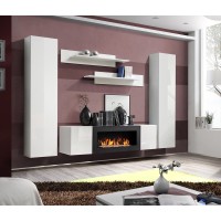 Ensemble de meubles suspendus avec cheminée décorative collection FLY M1. Coloris blanc.