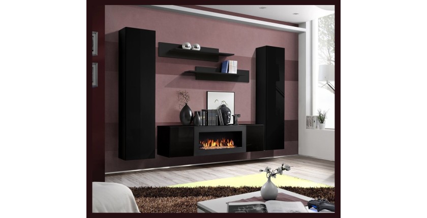 Ensemble de meubles suspendus avec cheminée décorative collection FLY M1. Coloris noir.