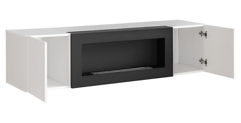 Ensemble de meubles suspendus avec cheminée décorative collection FLY M2. Coloris blanc. et noir