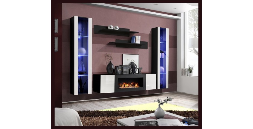 Ensemble de meubles suspendus avec cheminée décorative collection FLY M2. Coloris noir et blanc