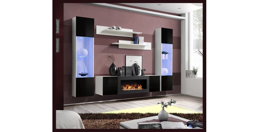 Ensemble de meubles suspendus avec cheminée décorative collection FLY M3. Coloris blanc et noir.