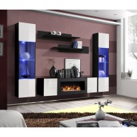Ensemble de meubles suspendus avec cheminée décorative collection FLY M3. Coloris noir et blanc.