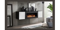 Ensemble de meubles suspendus avec cheminée décorative collection FLY M3. Coloris noir et blanc.