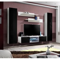 Ensemble Meuble TV FLY O1 avec LED. Coloris blanc et noir. Meuble suspendu design pour votre salon.