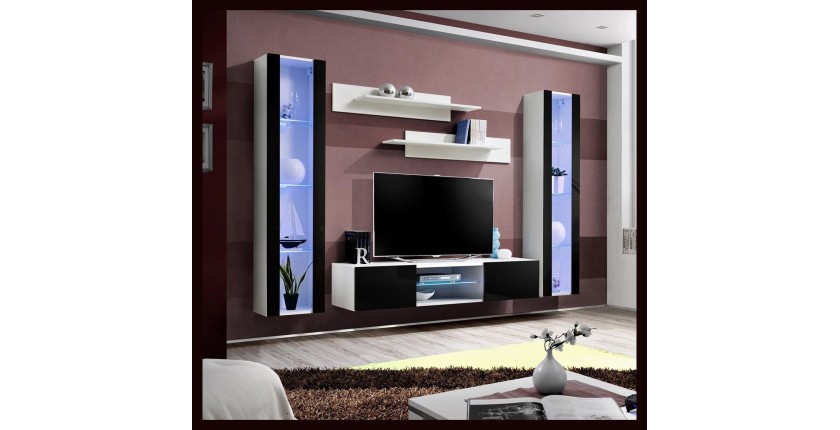 Ensemble Meuble TV FLY O2 avec LED. Coloris blanc et noir. Meuble suspendu design pour votre salon.