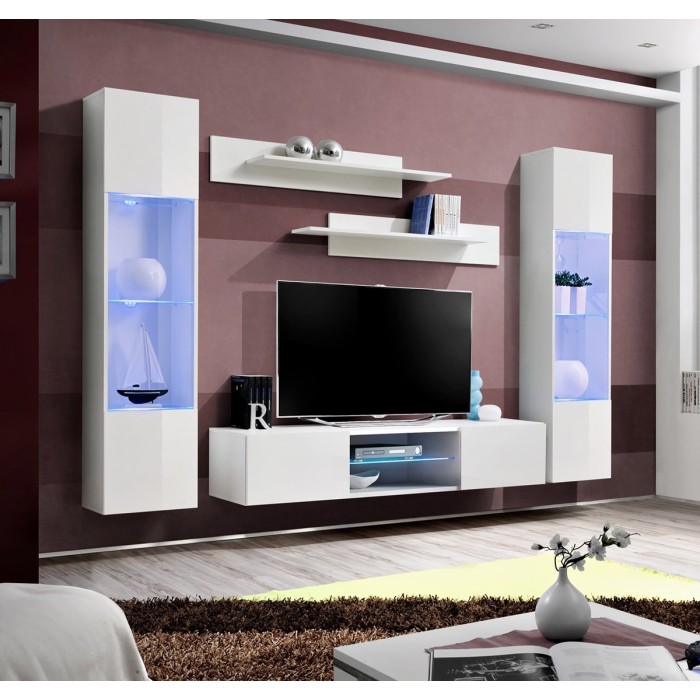 Ensemble Meuble TV FLY O3 avec LED. Coloris blanc. Meuble suspendu design pour votre salon.