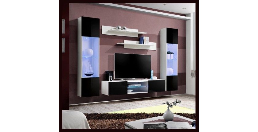 Ensemble Meuble TV FLY O3 avec LED. Coloris blanc et noir. Meuble suspendu design pour votre salon.