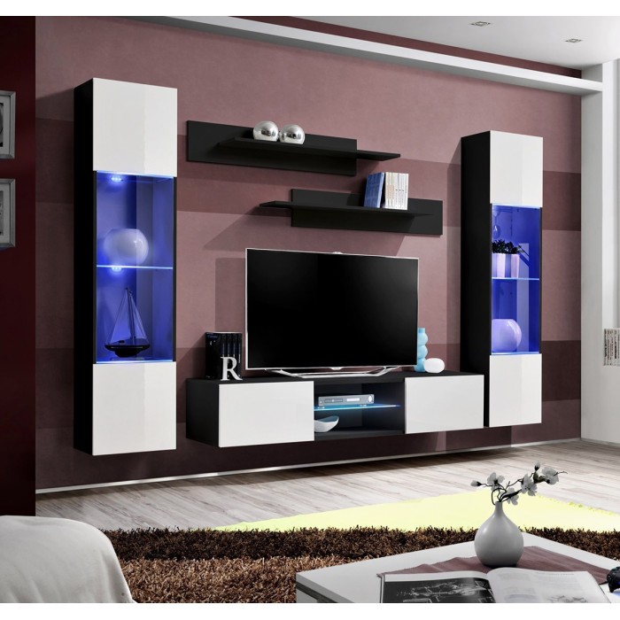 Ensemble Meuble TV FLY O3 avec LED. Coloris noir et blanc. Meuble suspendu design pour votre salon.