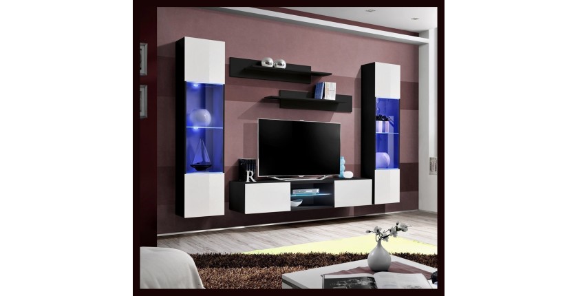 Ensemble Meuble TV FLY O3 avec LED. Coloris noir et blanc. Meuble suspendu design pour votre salon.