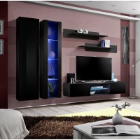 Ensemble Meuble TV FLY O4 avec LED. Coloris noir. Meuble suspendu design pour votre salon.