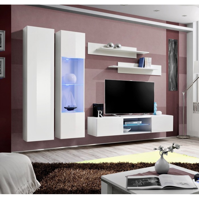 Ensemble Meuble TV FLY O5 avec LED. Coloris blanc. Meuble suspendu design pour votre salon.