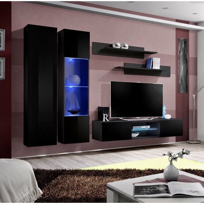 Ensemble Meuble TV FLY O5 avec LED. Coloris noir. Meuble suspendu design pour votre salon.