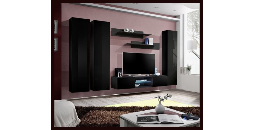 Ensemble Meuble TV FLY P1 avec LED. Coloris noir. Meubles suspendus design pour votre salon.